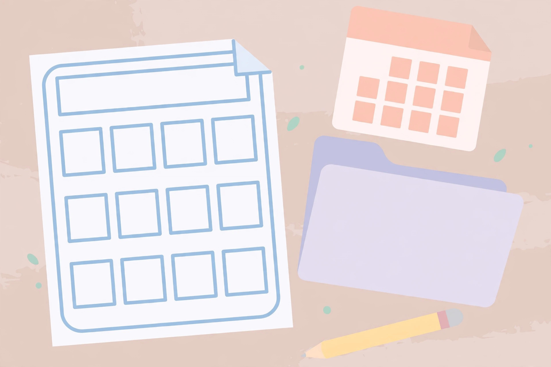 A blank boxed form beside a calendar page, a folder, and a pencil