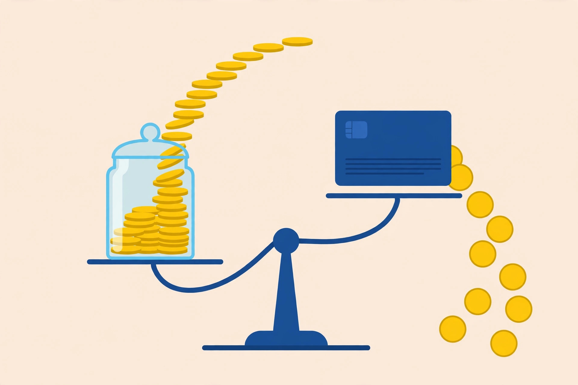 A balance scale with a jar of gold coins on one side and a blue credit card spilling coins on the other