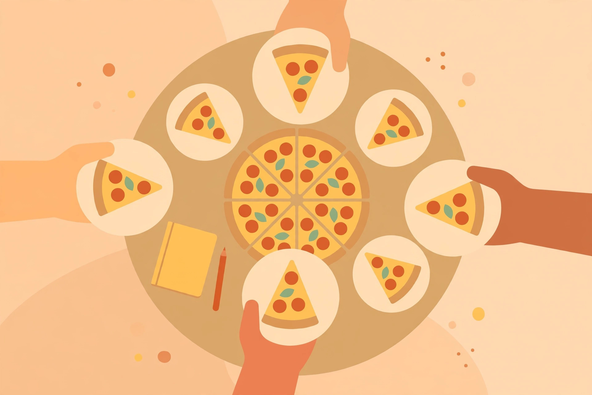 Friends taking equal slices from a shared pizza around a table with a notebook beside it